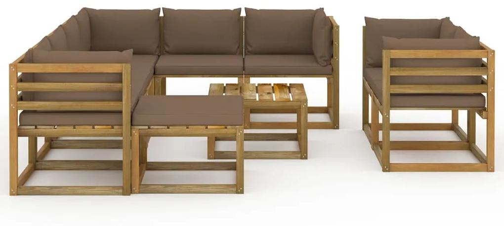 Set mobilier de gradina cu perne gri taupe, 10 piese Gri taupe, 5x colt + 3x mijloc + suport pentru picioare + masa, 1
