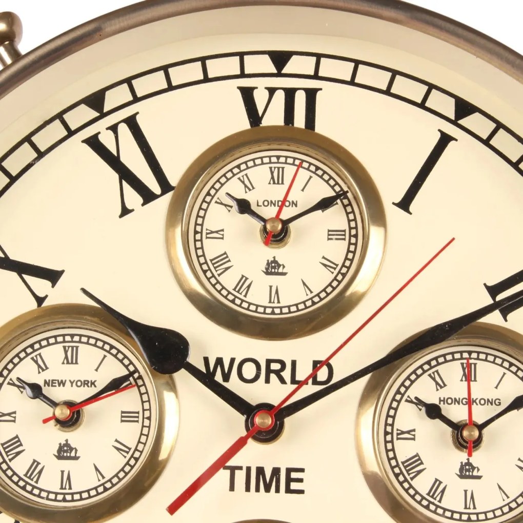 Ceas de podea din aluminiu și oțel, auriu, cu 4 fusuri orare și trepied, în formă de ceas de buzunar, 100 x 40 x 33 cm, „Longitude”