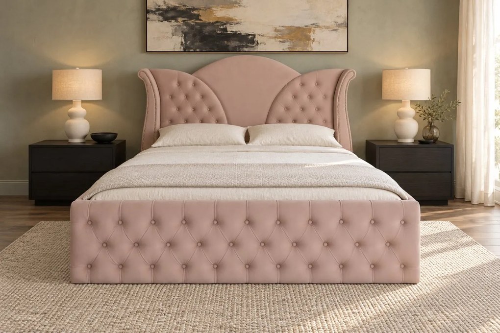 Pat tapițat Chesterfield din catifea Velora Deluxe Classic 180×200 cm, cappuccino, cu ladă de depozitare