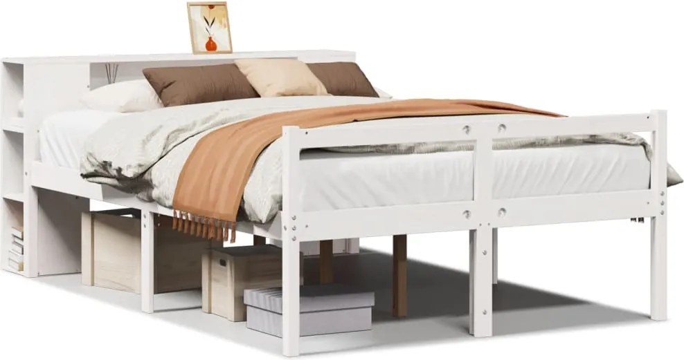 vidaXL Pat cu bibliotecă fără saltea, alb, 135x190 cm, lemn masiv pin