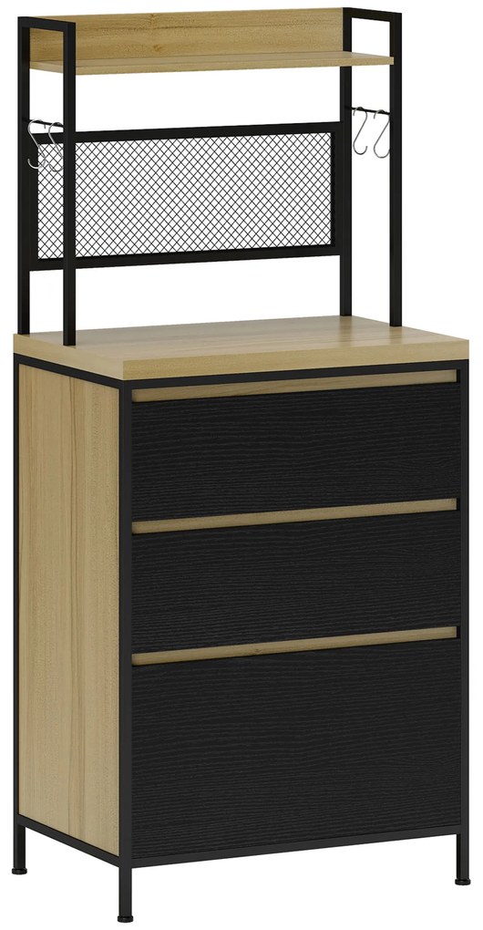 HOMCOM Dulap de bucătărie stil industrial cu 3 sertare, blat, raft și 4 cârlige, 60x40x132cm | Aosom Romania