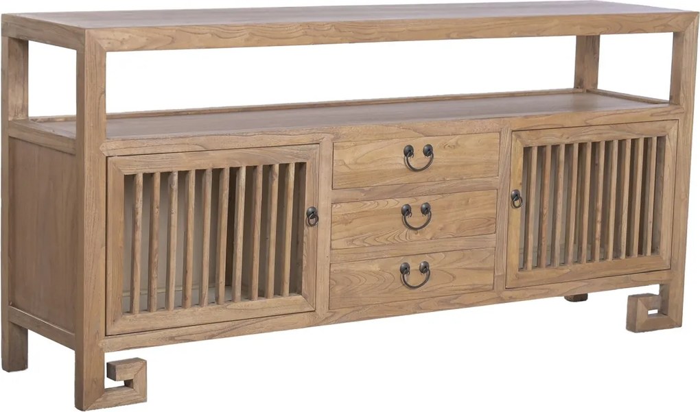 Bufet rustic în stil oriental, din lemn de ulm reciclat, natur, cu 2 uși cu grilaj, 3 sertare și raft deschis, 80 x 170 x 40 cm, „Largentière”
