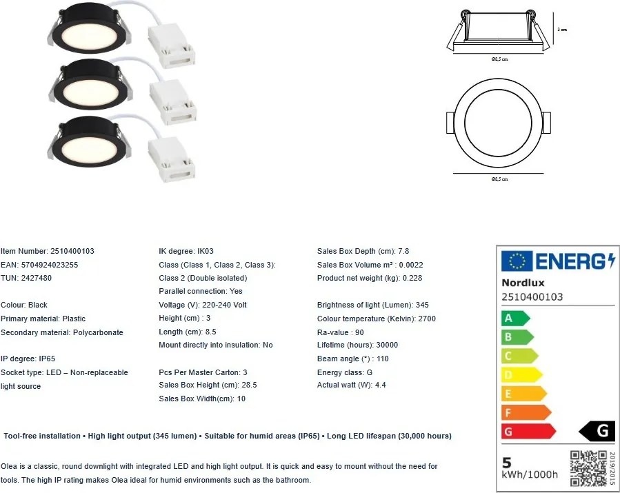 Set de 3 spoturi incastrabile baie IP65 LED Olea negru