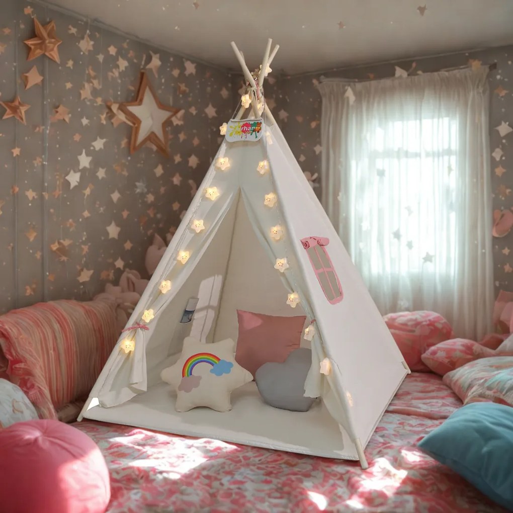 Cort tip teepee pentru copii JULIA, 160x120x120cm, bej/roz Jurhan