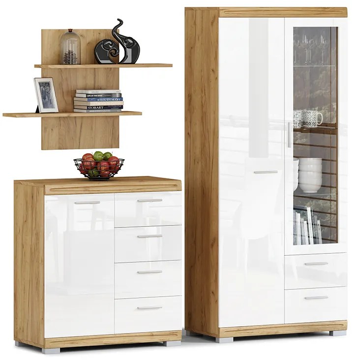Mazzoni Set de mobilier SIMPLE Stejar Craft Auriu/Alb Luciu - VITRINĂ RAFTURI SUSPENDAT COMODĂ PENTRU LIVING
