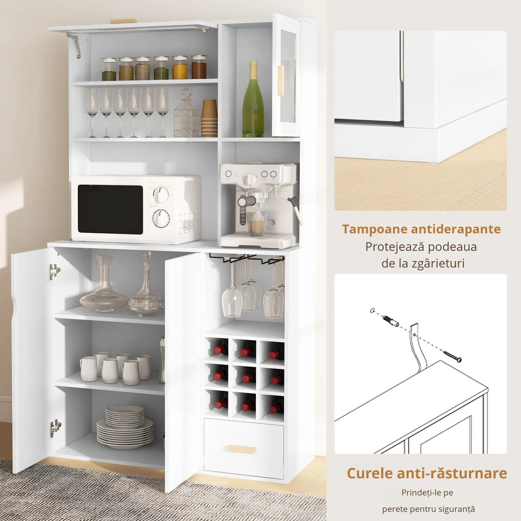 HOMCOM Dulap de Bucătărie cu Depozit de Vinuri, Bufet cu Cabină, Blat cu Microunde, Sertar, Poliță, Uși din Sticlă, 100x38x172 cm, Alb | Aosom Romania