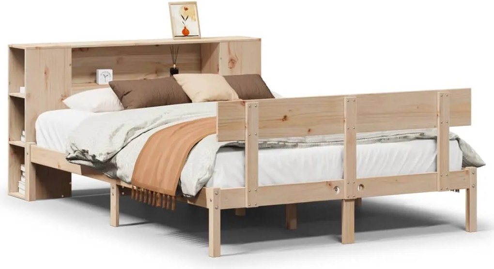 vidaXL Pat cu bibliotecă fără saltea, 140x190 cm, lemn masiv de pin