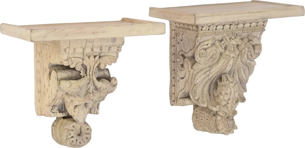 Raft de perete din lemn de tec, natur, cu decor sculptat manual, aspect vintage, 30 x 32,5 x 21 cm, „Orgon”