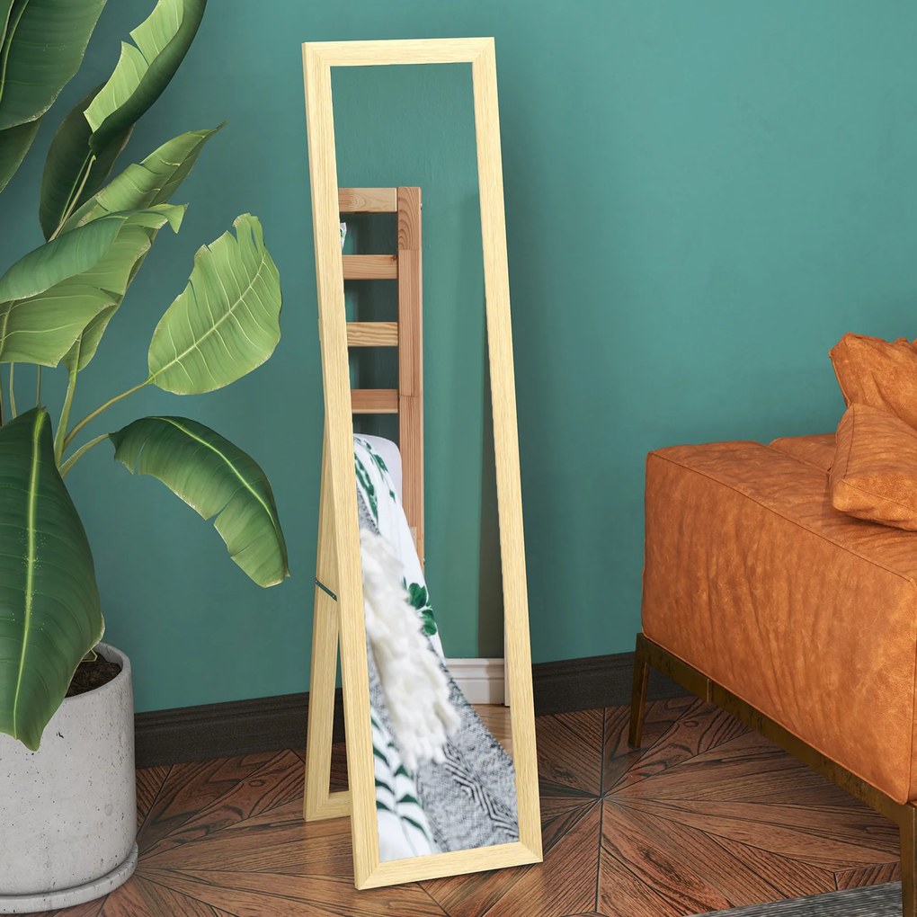 HOMCOM Oglindă cu Ramă din MDF, Picioare și Cârlige pentru Utilizare pe Podea sau pe Perete, 37x40x155 cm, Lemn Natural | Aosom Romania
