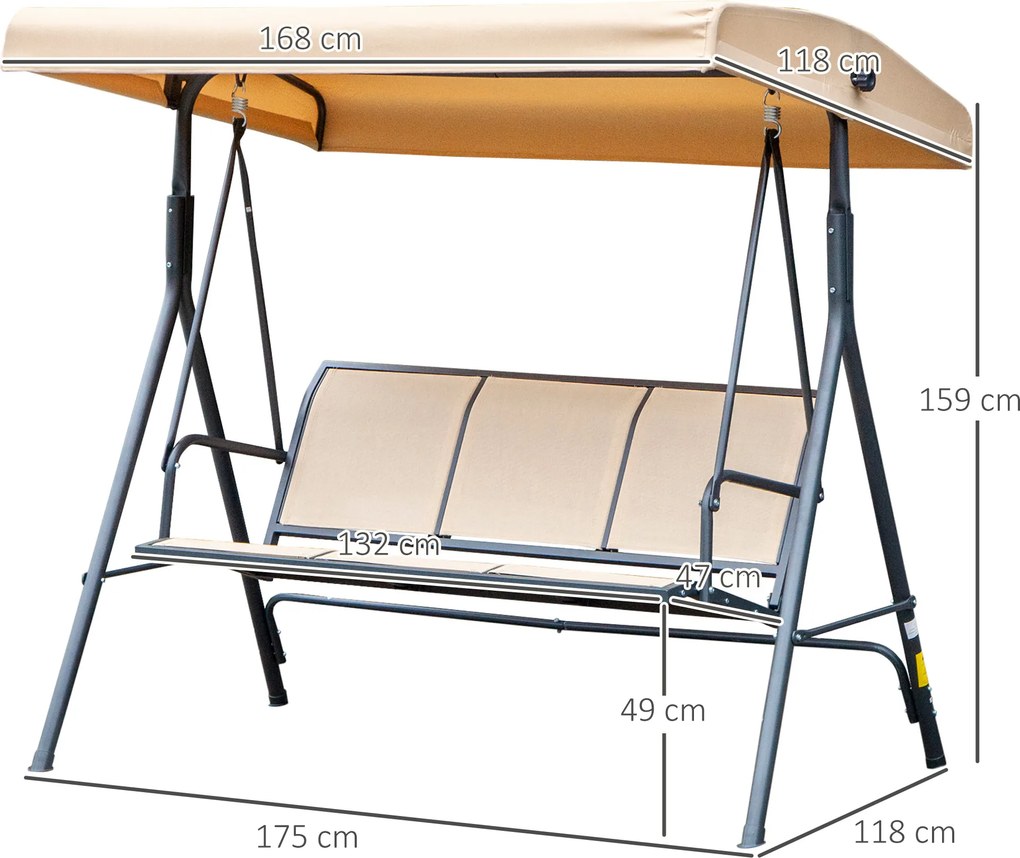 Outsunny Leagăn de grădină cu 3 locuri, copertină, șezut respirabil și cadru din oțel, bej | Aosom Romania