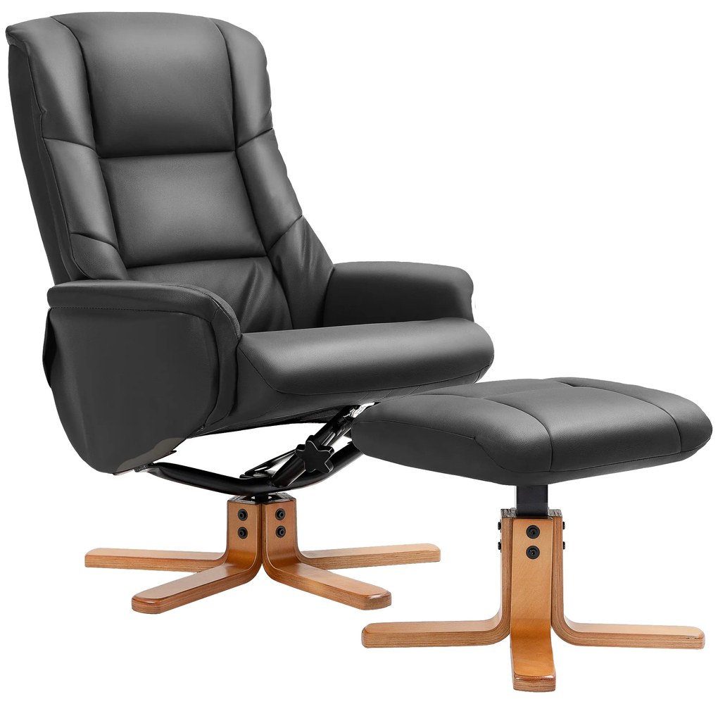 HOMCOM Relaxsessel cu Hocker, Funcție de culcare, Piele ecologică, până la 150 kg, 71 x 84 x 102 cm, Negru | Aosom Romania