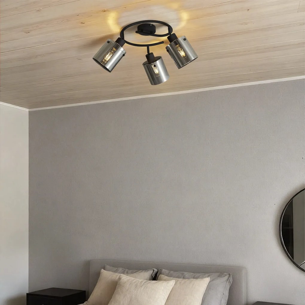 Spot de tavan negru de design cu sticlă fumurie rotundă cu 3 lumini - Domo