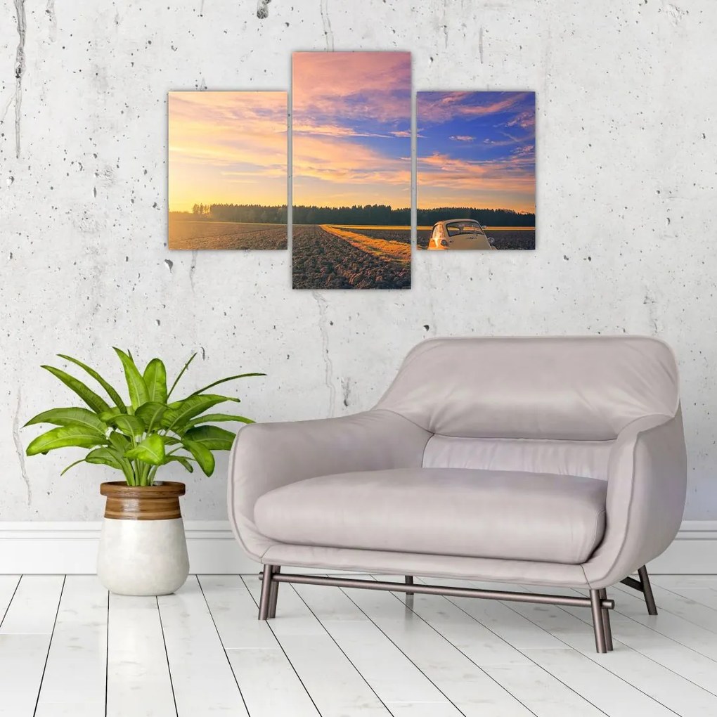 Tablou - Mașină galbenă ăn câmp (90x60 cm)