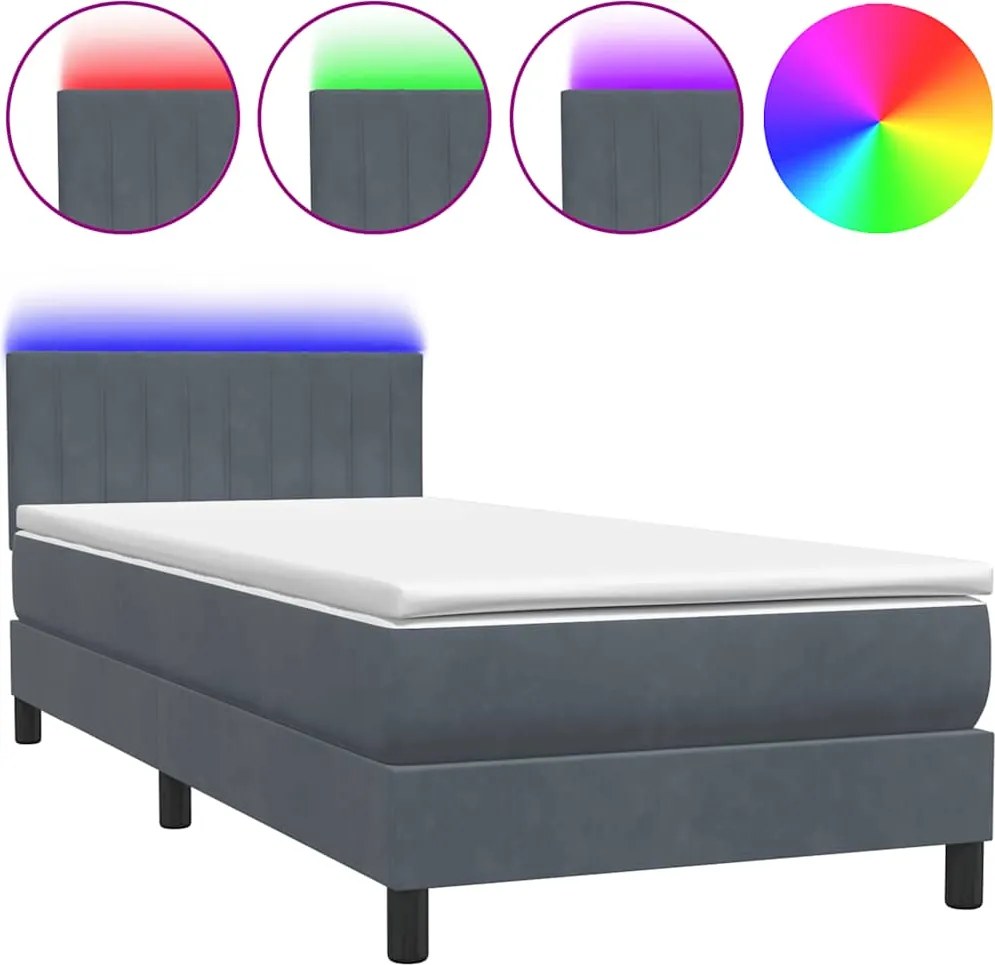 vidaXL Pat cu arcuri cu saltea și LED, gri închis, 80x210 cm, catifea