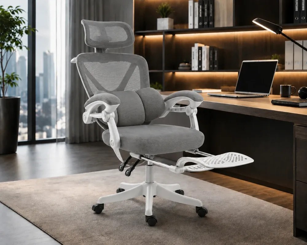 ELITE PRO 870GR – Scaun Ergonomic Premium, Mesh Respirabil, Tetieră Reglabilă, Suport Lombar, Suport pentru Picioare Retractabil, Funcție Recliner, Reglaj pe Înălțime, Gri