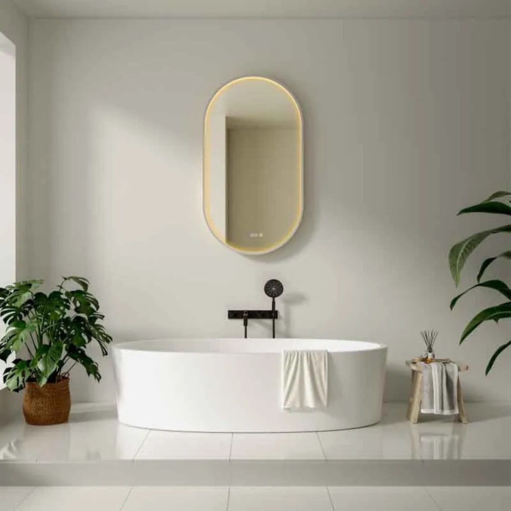 Oglinda cu iluminare si dezaburire Fluminia Canaria cu afisare ora 50x90 cm finisaj alb mat