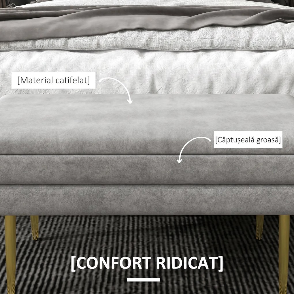 HOMCOM Bancă Otomană Tapițată, Picioare Aurii, Design Modern pentru Living și Dormitor, Gri | Aosom Romania