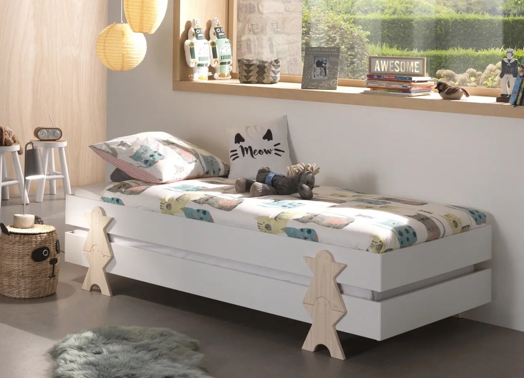 Set 2 paturi stivuibile pentru copii MODULO, alb, din MDF și pin masiv, cu somiere cu lamele incluse – Vipack
