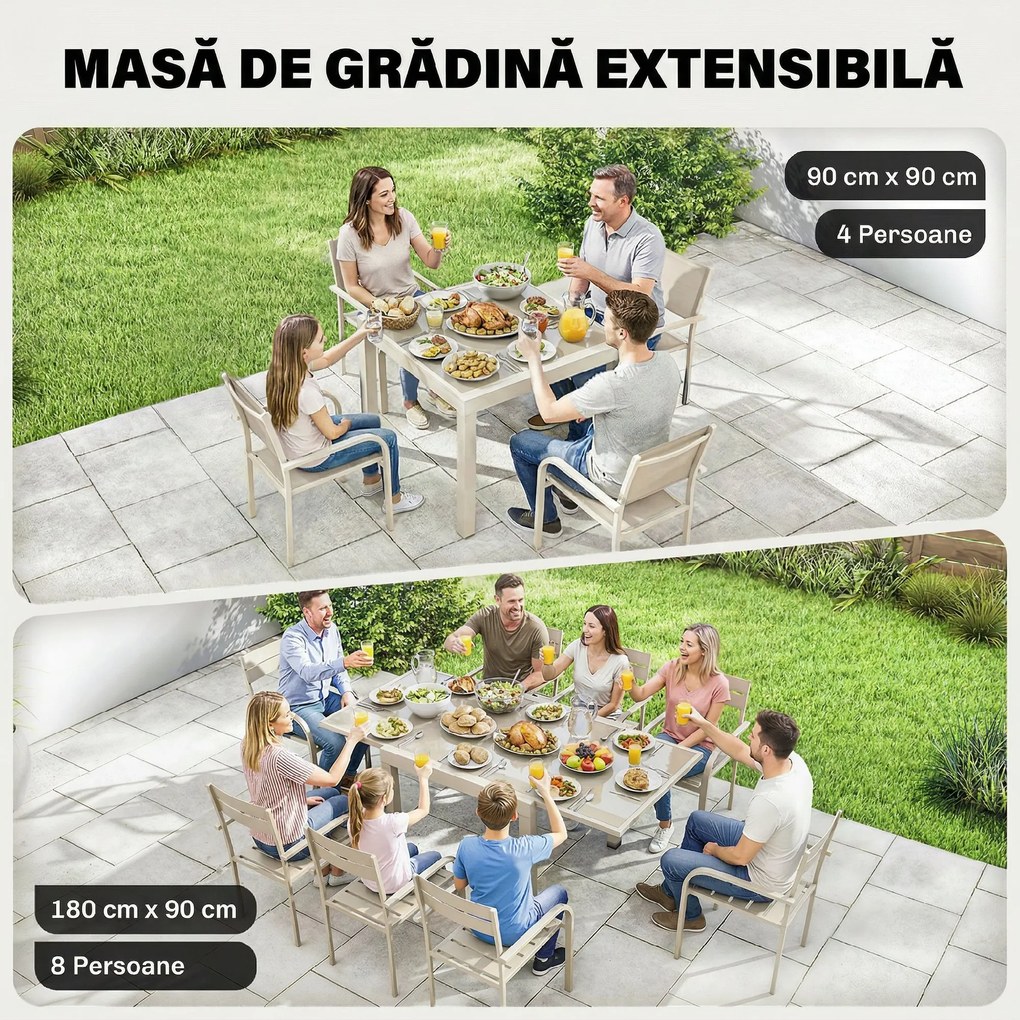 Outsunny Masă Extensibilă din Aluminiu pentru Exterior, Blat din Sticlă Temperată, Crem. | Aosom Romania