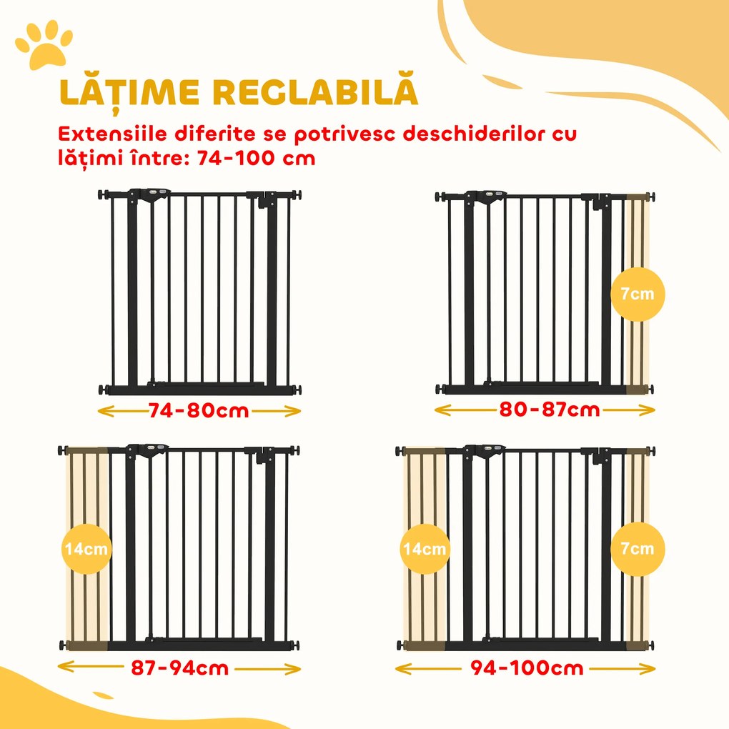PawHut Poartă Extensibilă pentru Câini fără Șuruburi, Poartă de Siguranță Reglabilă cu 2 Extensii, 68x72 cm, Negru | Aosom Romania