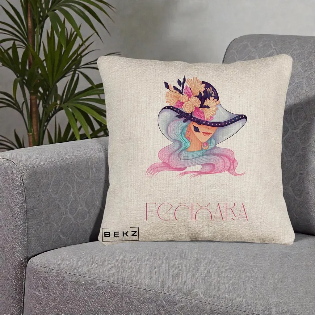 Perna Personalizata Zodie Fecioara, 40x40 cm, Bej Canapea, Husa Detasabila, Perna Inclusa, BEKZ®