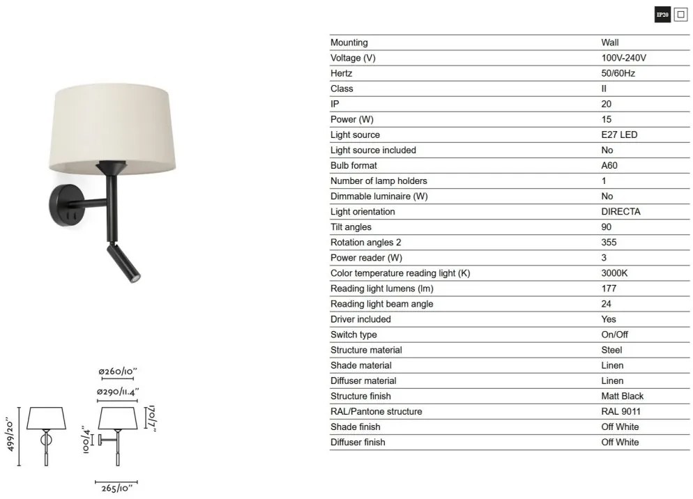 Aplica de perete cu reader LED WINDSOR negru, alb