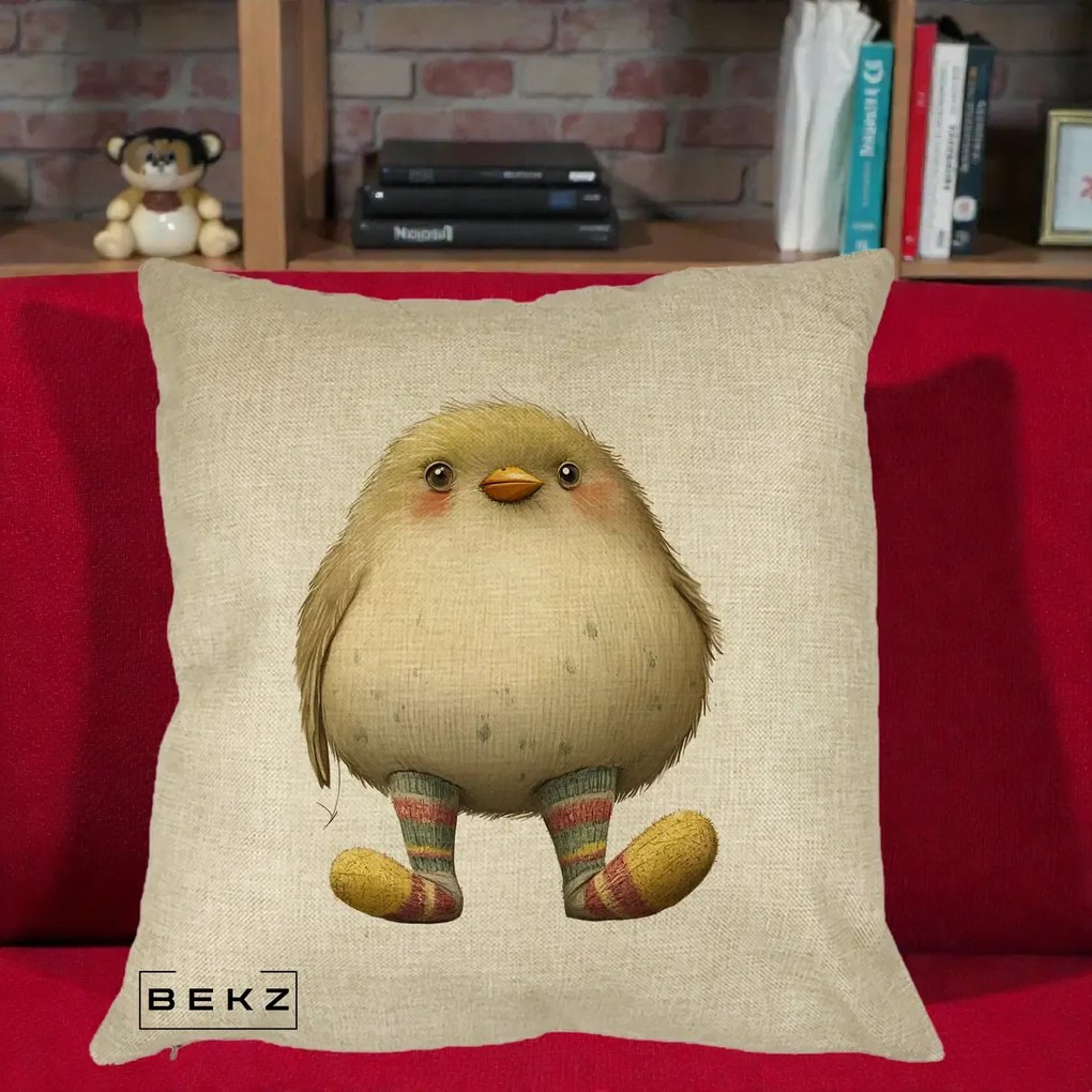 Perna Decorativa Pui Pufos cu Sosete Dungate, 40x40 cm, Crem, Husa Detasabila, Perna Inclusa, BEKZ®