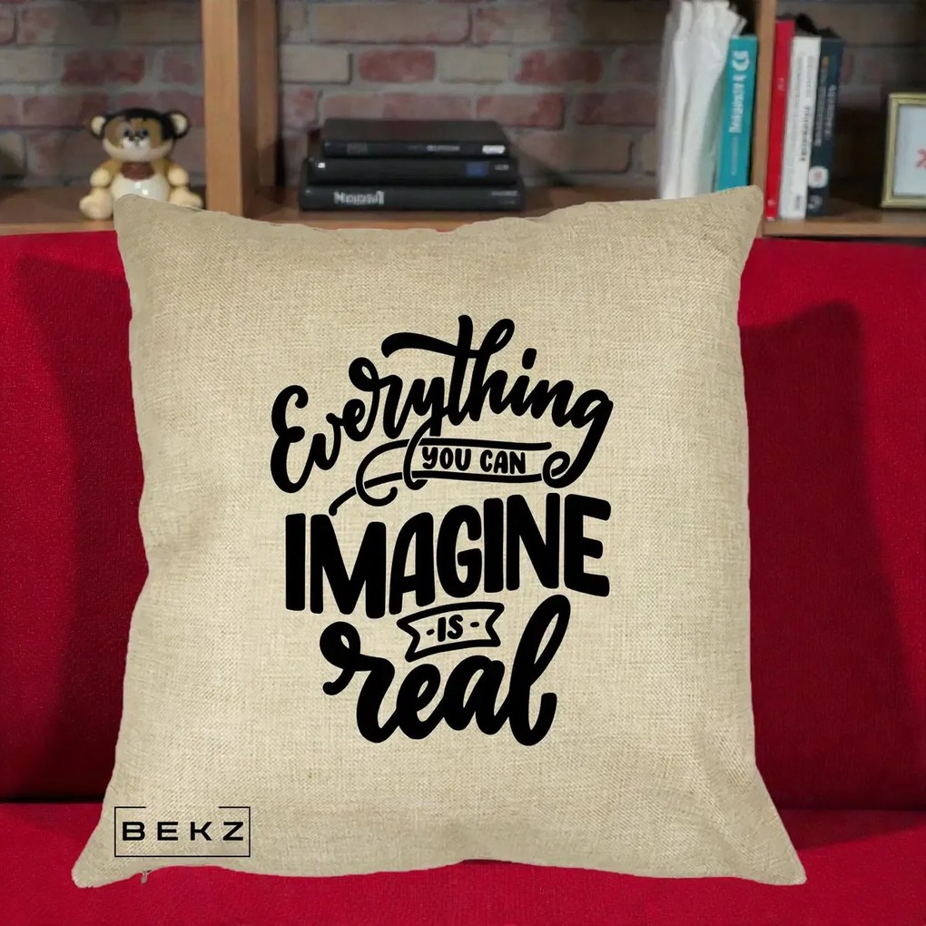 Perna Decorativa Everything You Can Imagine Is Real, 40x40 cm, Crem, Husa Detasabila, Perna Inclusa, BEKZ®