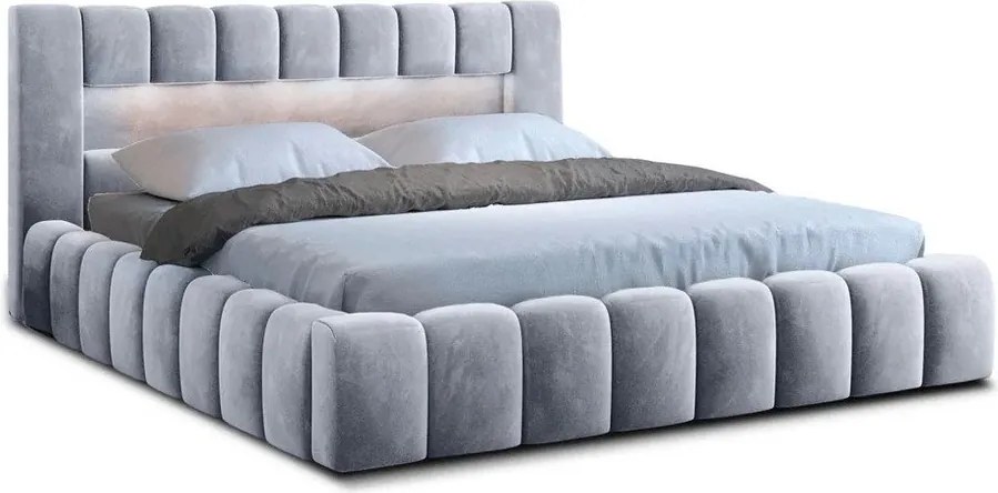 Pat matrimonial gri deschis tapițat cu spațiu de depozitare cu somieră 180x200 cm Lamica – ELTAP