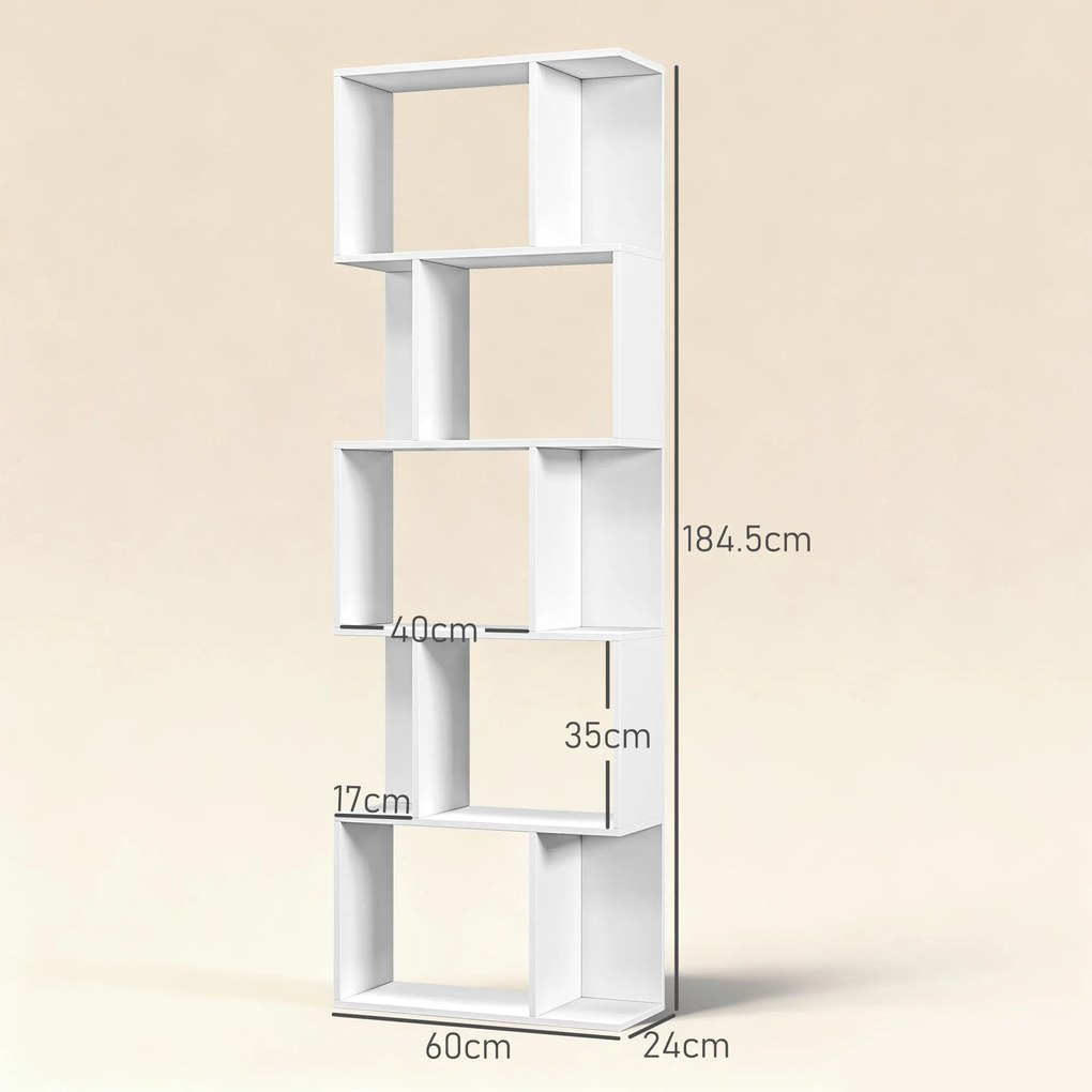 HOMCOM Raft pentru Cărți cu 5 Rafturi Separate, Bibliotecă în Formă de S din Lemn, 60x24x184,5 cm, Alb | Aosom Romania
