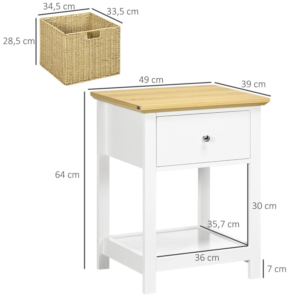 HOMCOM Masă de Noapte cu Sertar și Coș din Răchită Pliabil Masă Auxiliară pentru Sufragerie Dormitor 49x39x64 cm Alb și Natural | Aosom Romania