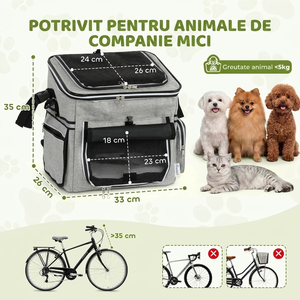 PawHut Coș Frontal pentru Bicicletă pentru Câini, cu Ferestre din Plasă, Pernă Moale și Bol, Gri Deschis | Aosom Romania