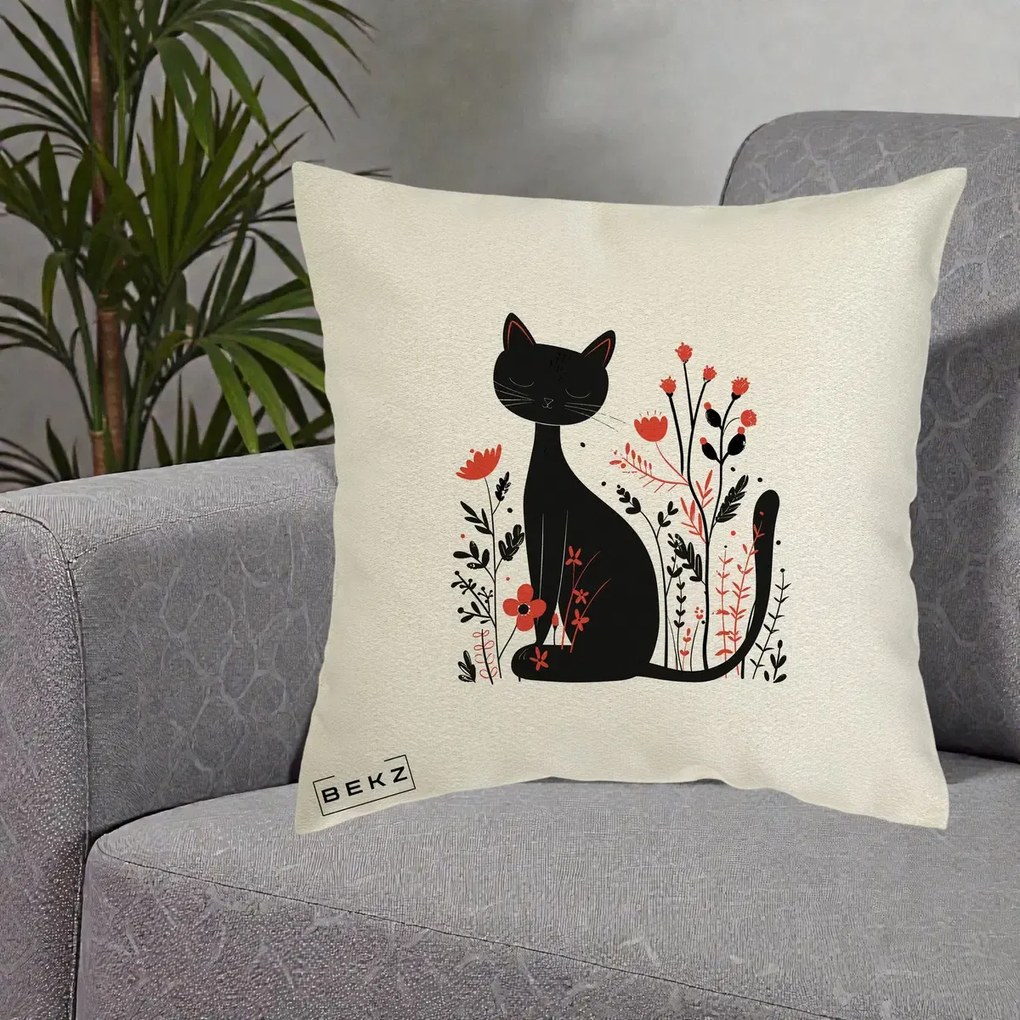 Perna Decorativa Pisica Neagra Flori Rosii Folk Minimal, 40x40 cm, Ecru, Husa Detasabila, Perna Inclusa, BEKZ®