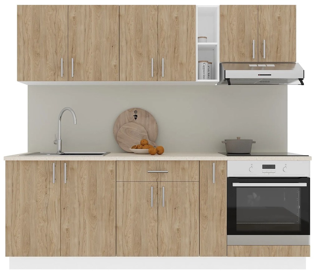 Set Bucatarie Karo V14, Lemn Natural/Alb, Blat Thermo 28 mm, L 220 cm