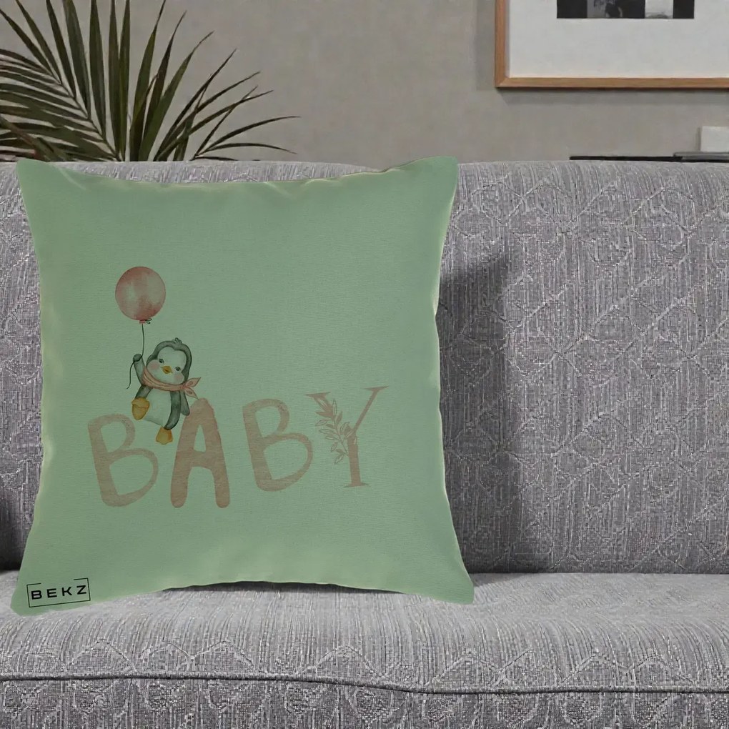Perna Personalizata Baby Pinguin Roz, 40x40 cm, Verde, Husa Detasabila, Perna Inclusa, BEKZ®