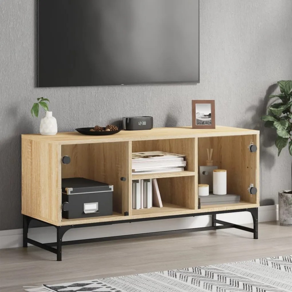 vidaXL Comodă TV cu uși din sticlă, stejar sonoma, 102x37x50 cm