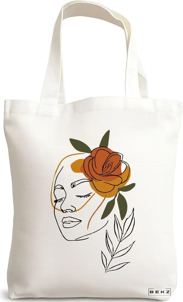 Sacosa de Panza pentru Cumparaturi, Geanta Tote, Flower Lady 7, 38x34.5 cm, Alba, BEKZ®
