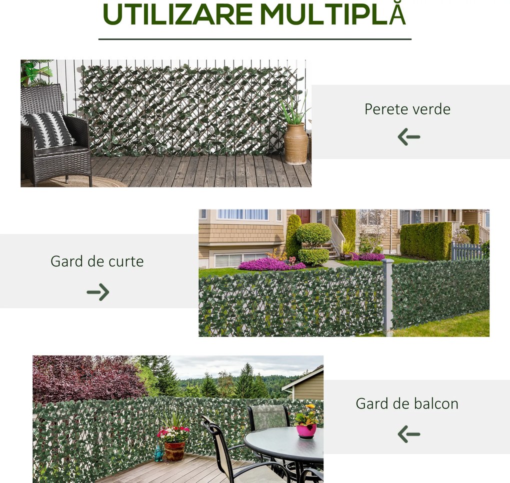 Outsunny Gard Artificial Extensibil cu 2 Secțiuni din Poliester și Ratan, 200x100 cm, Verde | Aosom Romania