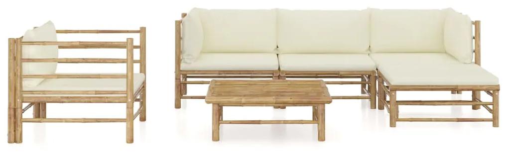 Set mobilier de gradina, 6 piese, perne alb crem, bambus Crem, 2x colt + mijloc  + fotoliu + suport pentru picioare + masa, 1