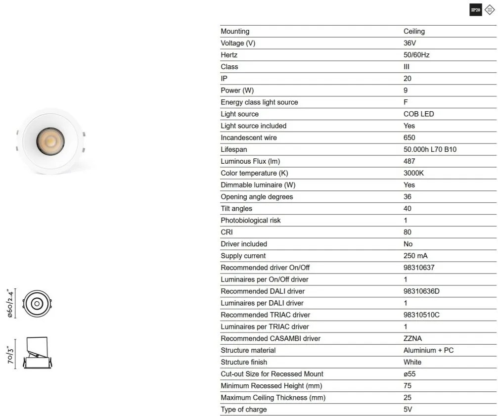 Spot LED incastrabil tavan orientabil LOX 3000K alb