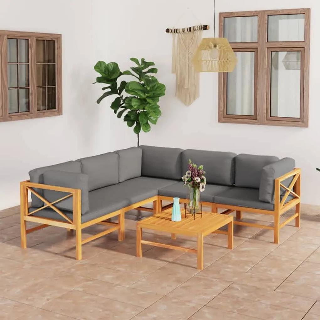 3087219 vidaXL Set mobilier grădină cu perne gri, 6 piese, lemn masiv de tec