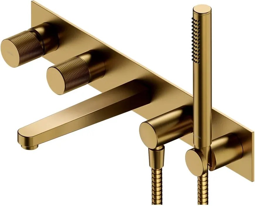 Baterie cada - dus incastrata Omnires Contour 5 orificii auriu cu corp ingropat si set de dus