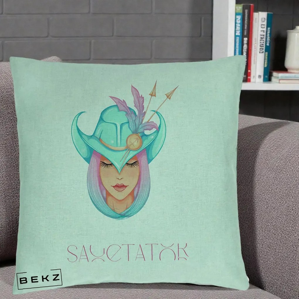 Perna Personalizata Zodiac Sagetator Cowgirl, 40x40 cm, Verde Menta, Husa Detasabila, Perna Inclusa, BEKZ®