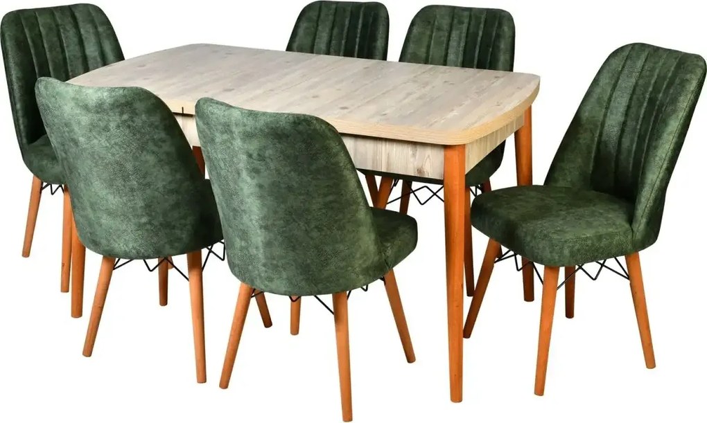 Set masa extensibila cu 6 scaune tapitate Homs cargold 250-30050 nuc-VERDE,170 x 80 cm
