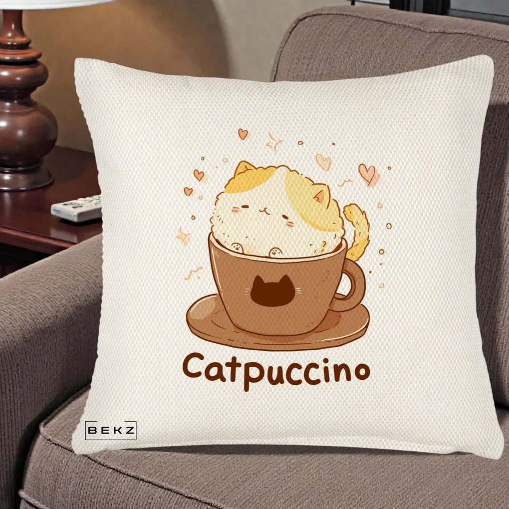 Perna Decorativa Catpuccino Pisica Cappuccino, 40x40 cm, Crem Reliefat, Husa Detasabila, Perna Inclusa, BEKZ®
