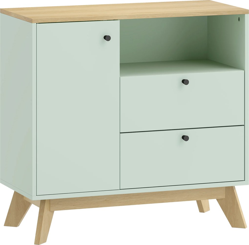 HOMCOM Bufet pentru living, mobilier de depozitare cu ușă, 2 sertare, compartiment deschis și raft reglabil, verde deschis și stejar | Aosom Romania