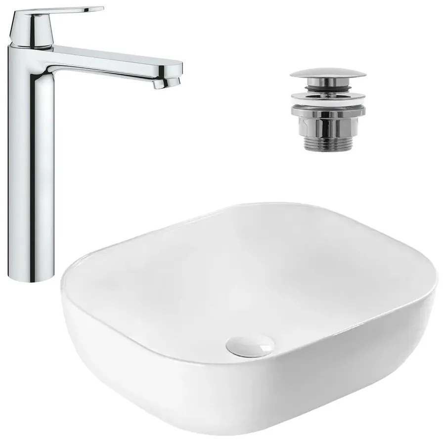 Pachet lavoar pe blat Rea Belinda Slim alb 46.5 cm, baterie lavoar Grohe Eurosmart Cosmopolitan XL crom si ventil lavoar Click-Clack crom