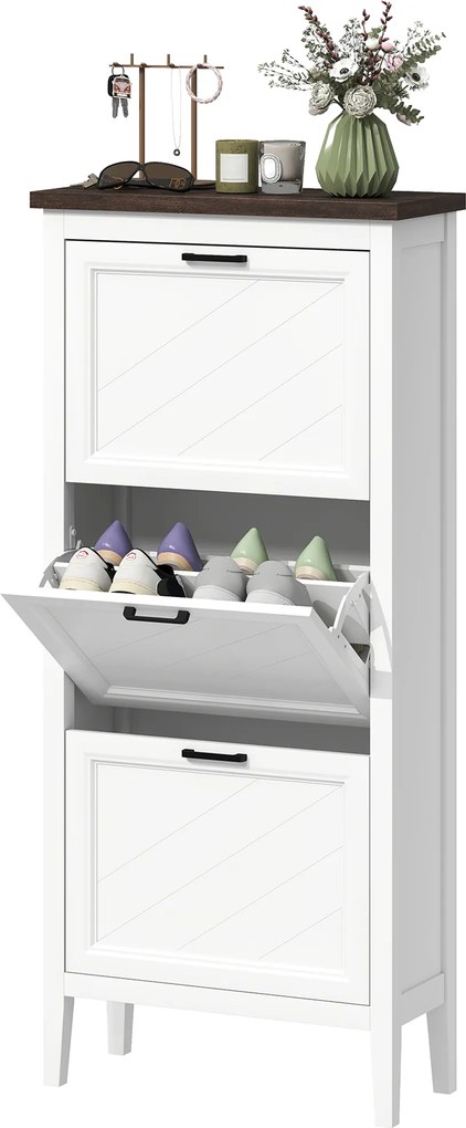 HOMCOM Dulap pentru pantofi 18 perechi, dulap îngust cu 3 sertare basculante și rafturi reglabile, alb | Aosom Romania