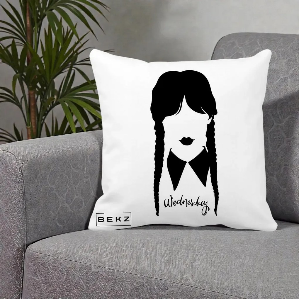 Perna Personalizata Wednesday Addams Silueta Alb-Negru, 40x40 cm, Alba Mata, Husa Detasabila, Perna Inclusa, BEKZ®