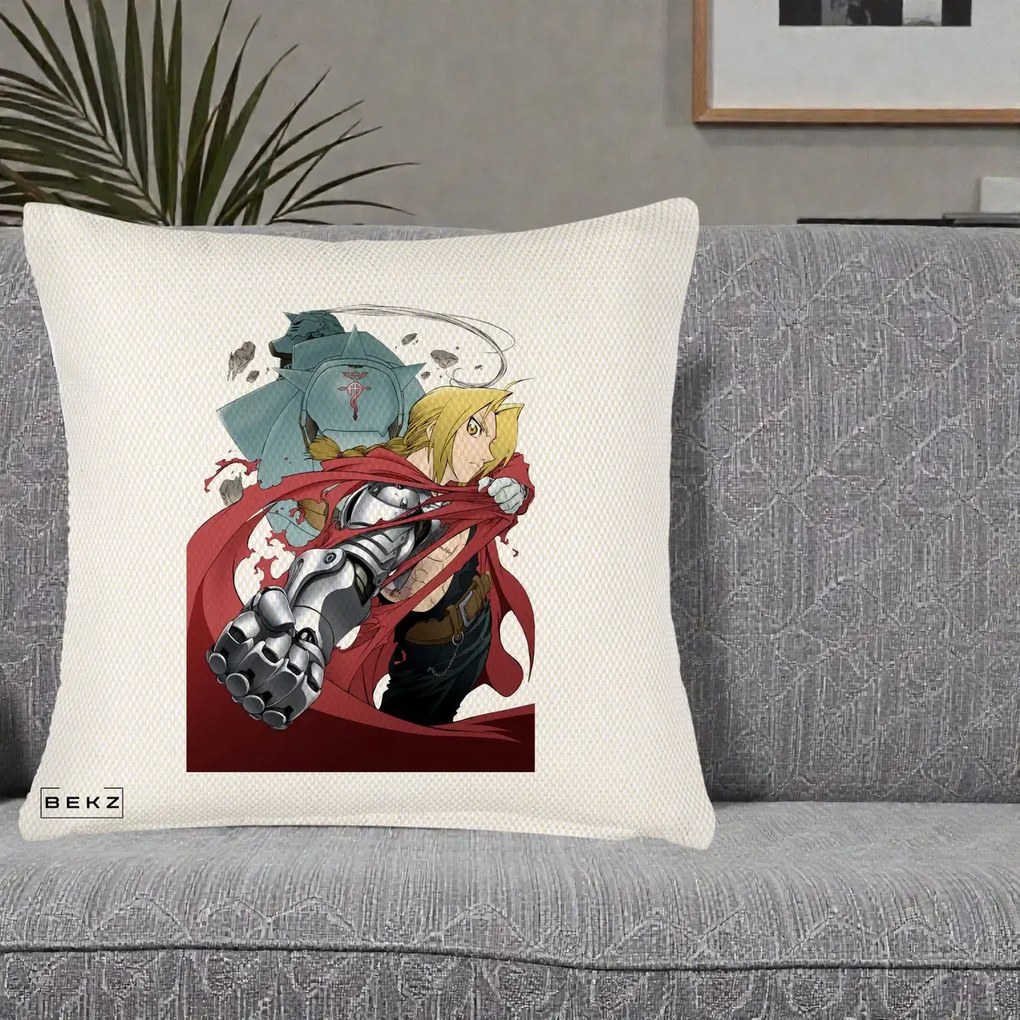 Perna Personalizata Fullmetal Alchemist Brotherhood Edward si Al Poster, 40x40 cm, Crem Reliefat, Husa Detasabila, Perna Inclusa, BEKZ®